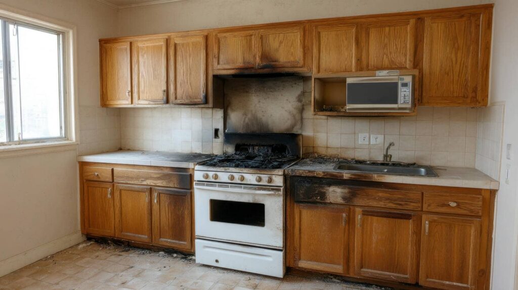 Kitchen cabinets, stove, and countertop with visible fire and smoke damage.