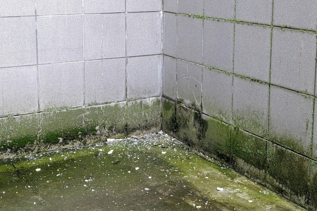 Corner of tiled walls and floor with green moss and white debris scattered on the ground.