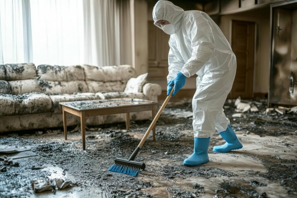 Person in protective suit cleaning soot and debris from a fire-damaged living room floor.
