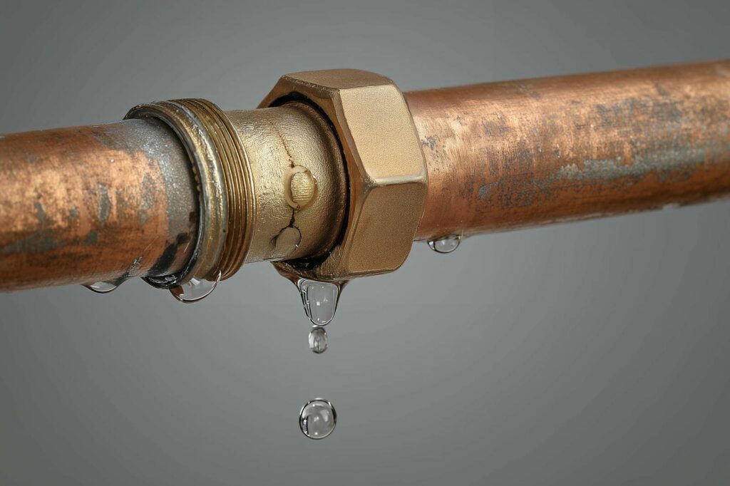 Leaking copper pipe with water droplets falling from a loose joint.