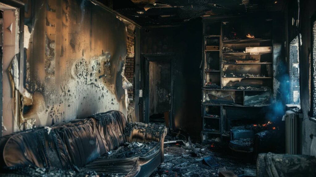 Burned living room with charred furniture, walls, and shelves, showing fire damage and smoke residue.