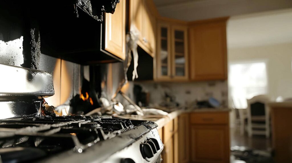 Kitchen stove and cabinets damaged by fire with visible burn marks and melted material.