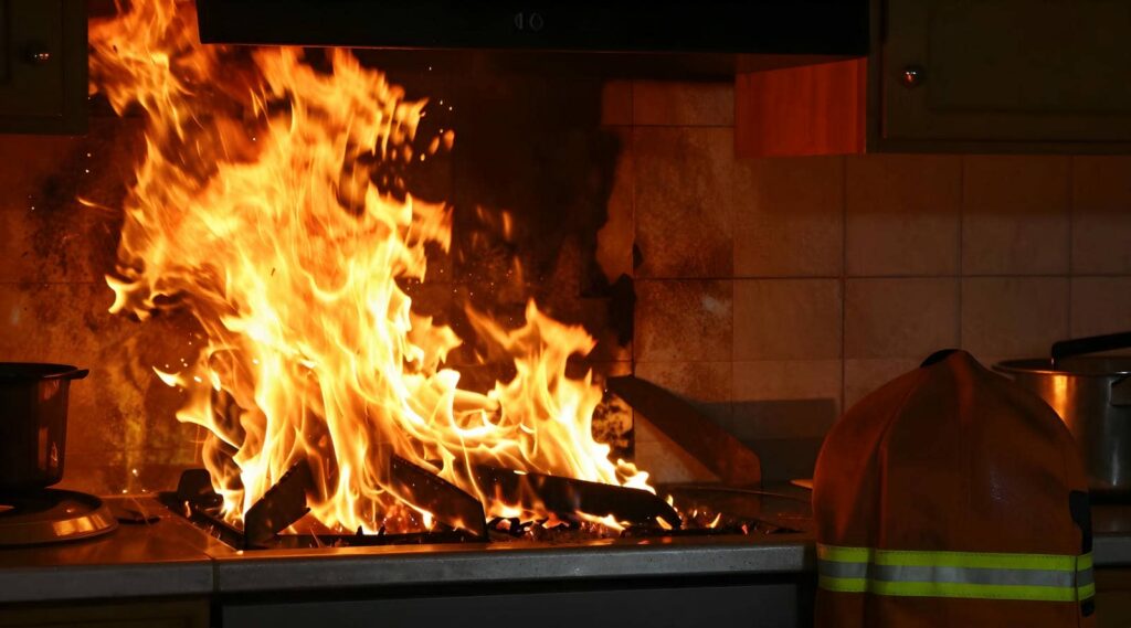 Large flames engulf a kitchen stove with a firefighter's jacket nearby.