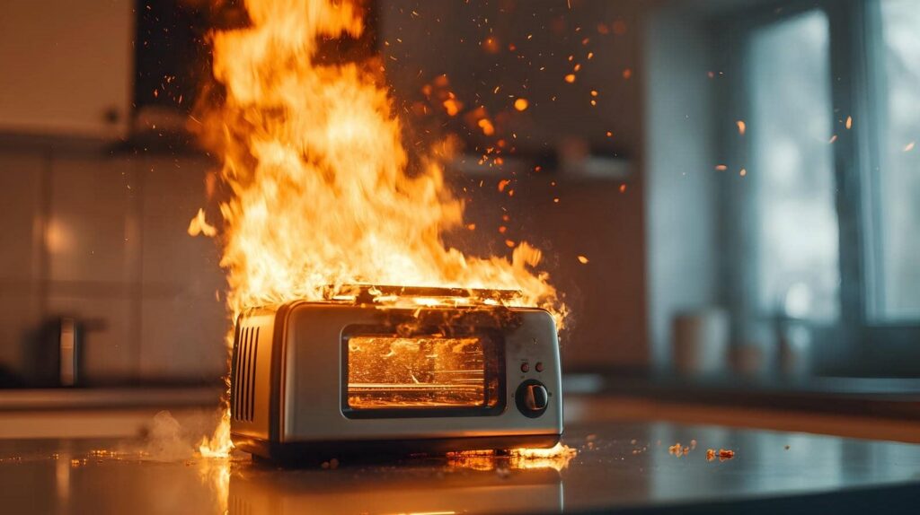 A toaster oven engulfed in flames on a kitchen countertop.