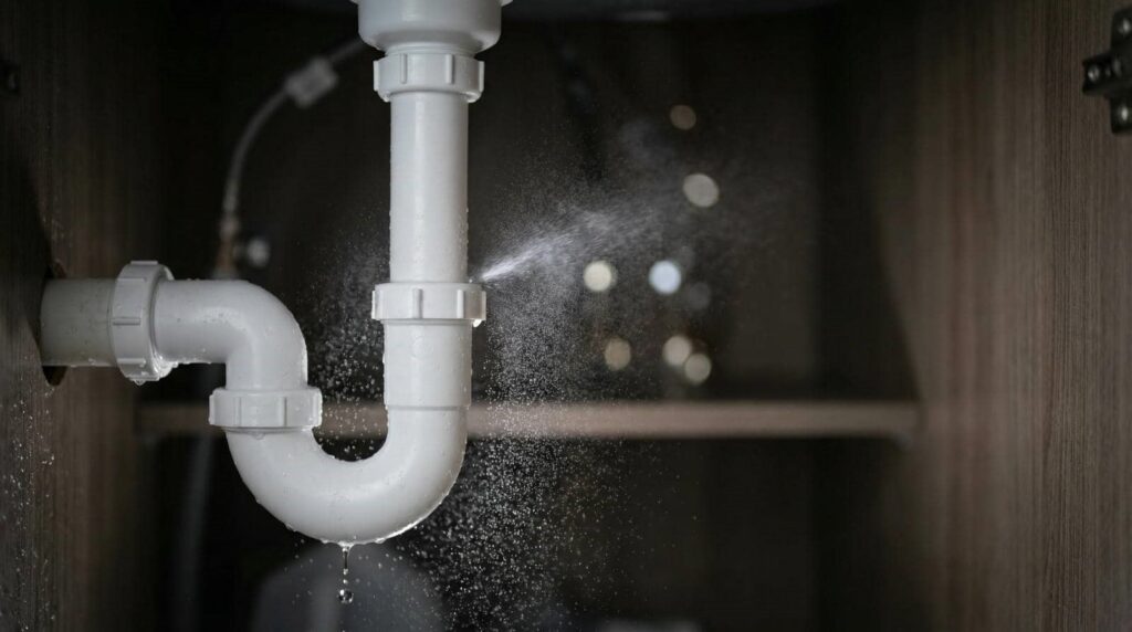 White plastic pipe under a sink spraying water from a leak.