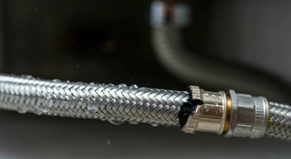 Close-up of a braided metal hose with water droplets and a damaged connector.