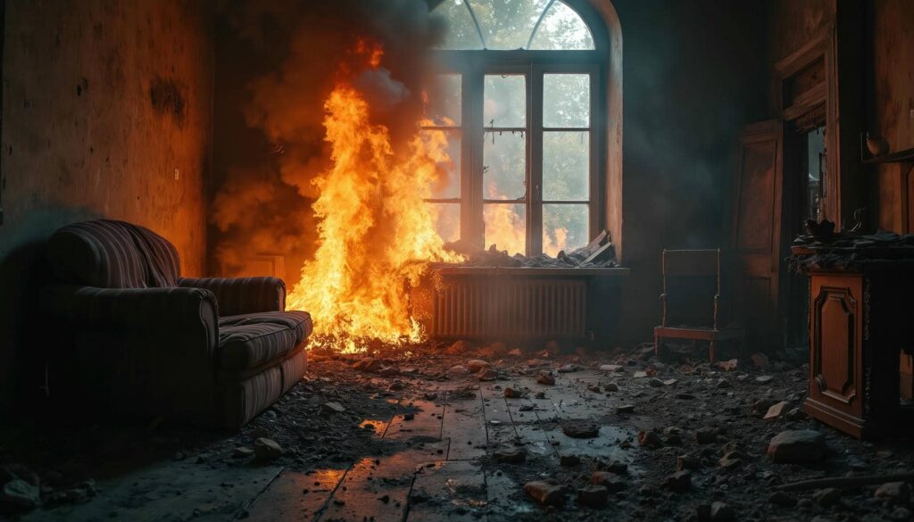 Fire burning intensely near a window in a damaged, debris-covered room with a sofa and broken furniture.