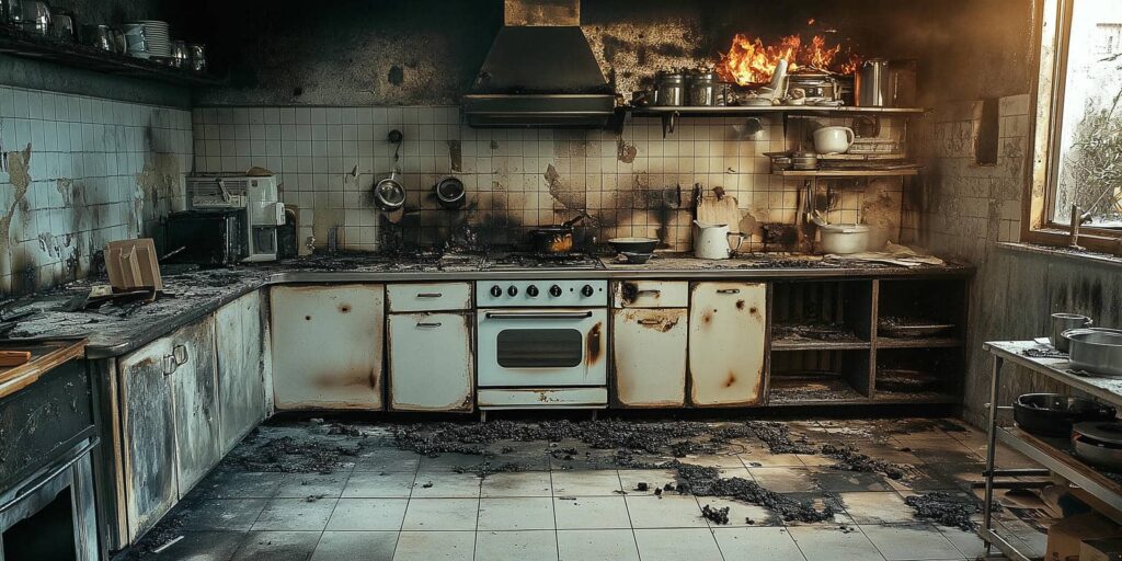 Kitchen with cabinets and stove damaged by fire, with flames still burning on the countertop.