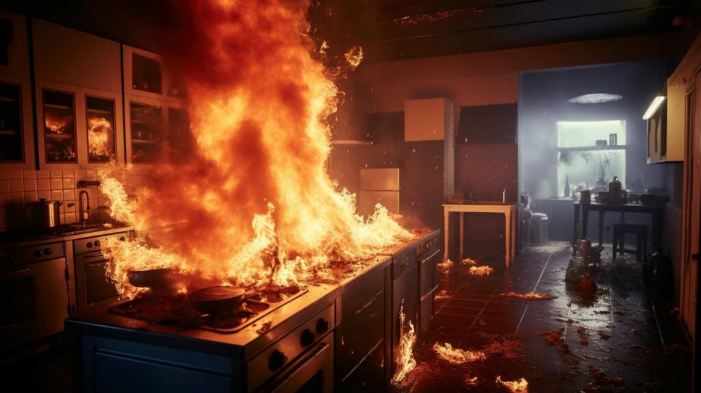 Kitchen stove engulfed in large flames with fire spreading on the floor and cabinets.