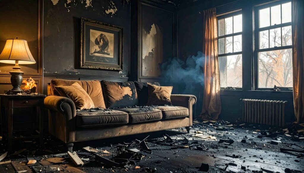 Burnt living room with a damaged sofa, scattered debris, and smoke near a window with curtains.