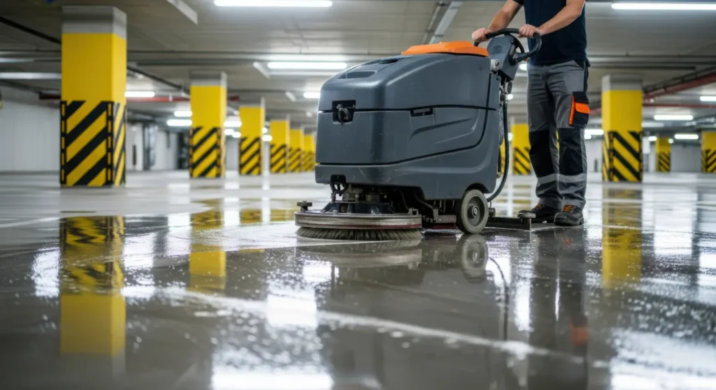 Person operating a floor cleaning machine in a large indoor parking garage.