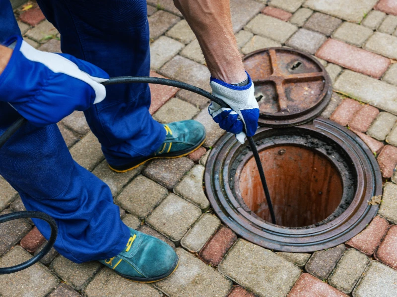 Worker in gloves and boots inserting a cable into an open manhole on a paved surface. sewage backup cleanup
