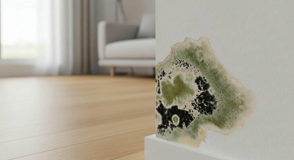 Black and green mold growing on the lower corner of a white interior wall near a wooden floor.