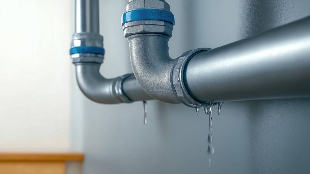 Metal pipes with water leaking and dripping from joints against a wall.