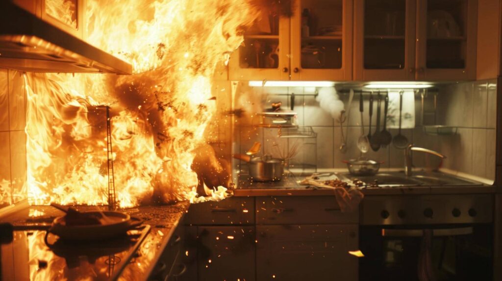 Kitchen stove engulfed in a large fire with flames and sparks spreading.