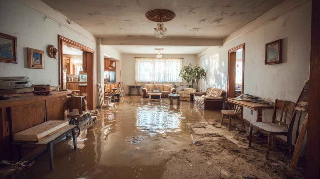 Living room flooded with muddy water, furniture partially submerged and dirt on the floor.