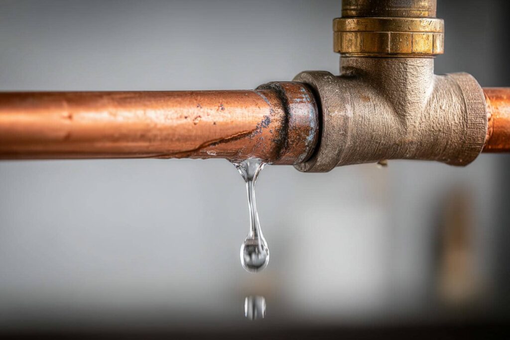 A leaking copper pipe with a water droplet falling from a joint.