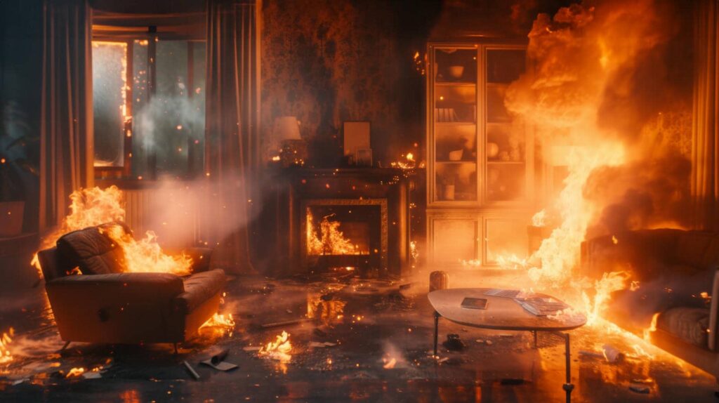 Living room engulfed in flames with burning furniture and smoke filling the space.