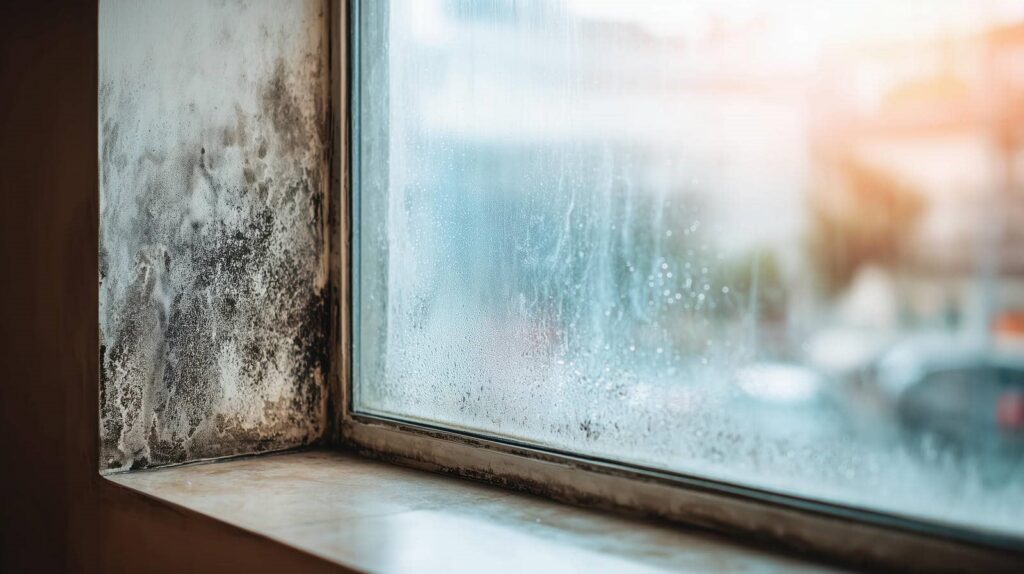 Mold growth on a damp window corner with condensation on the glass.