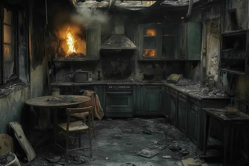 Burning kitchen with fire inside a cabinet and heavy smoke damage throughout the room.