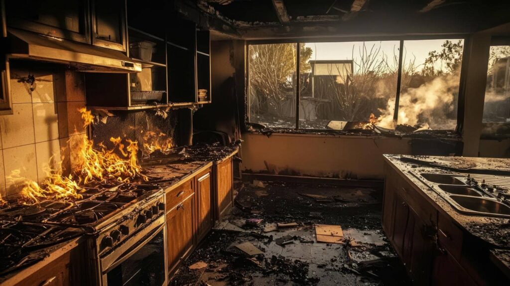 Kitchen stove and countertop engulfed in flames with smoke and fire damage inside the room.