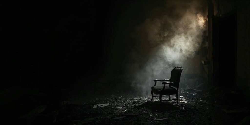 An empty armchair illuminated by a beam of light in a dark, smoky, debris-filled room.