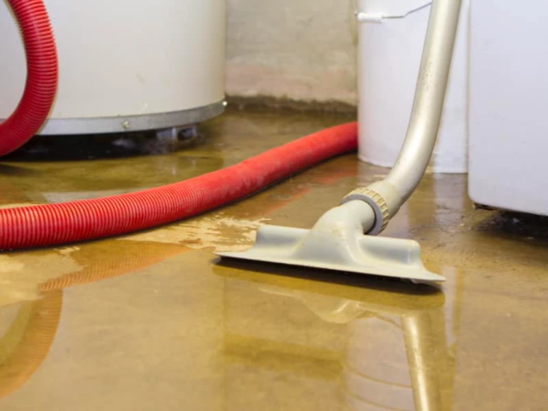 Vacuum hose and nozzle cleaning water off a wet floor. emergency water damage restoration