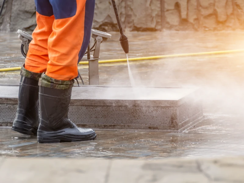 Person in orange pants and black boots pressure washing a metal grate on the ground. post-construction cleaning services