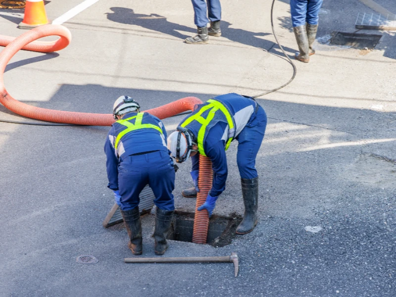 Two workers in safety gear handling an orange hose near an open manhole on a street. sewage backup cleanup