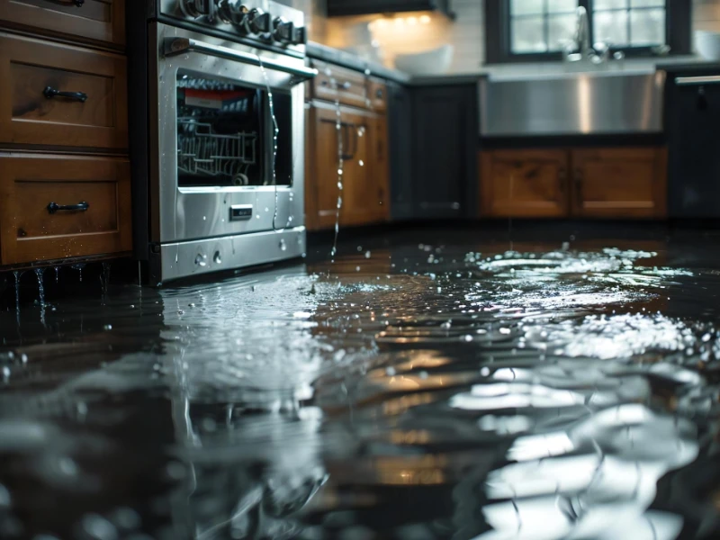 Water flooding a kitchen floor with water dripping from cabinets and appliances. emergency flood cleanup