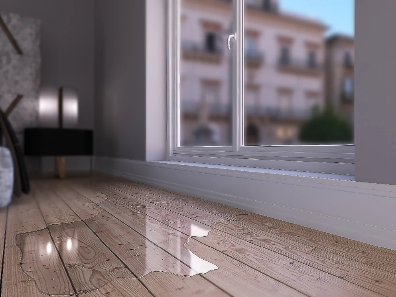 Water spilled on a wooden floor near a window with a blurred building outside. trusted restoration company